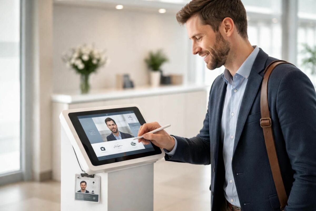 Réception : iPad en borne visiteurs avec signature photo et badge