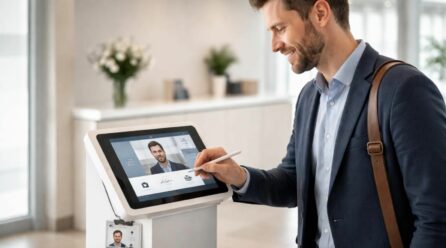 Réception : iPad en borne visiteurs avec signature photo et badge