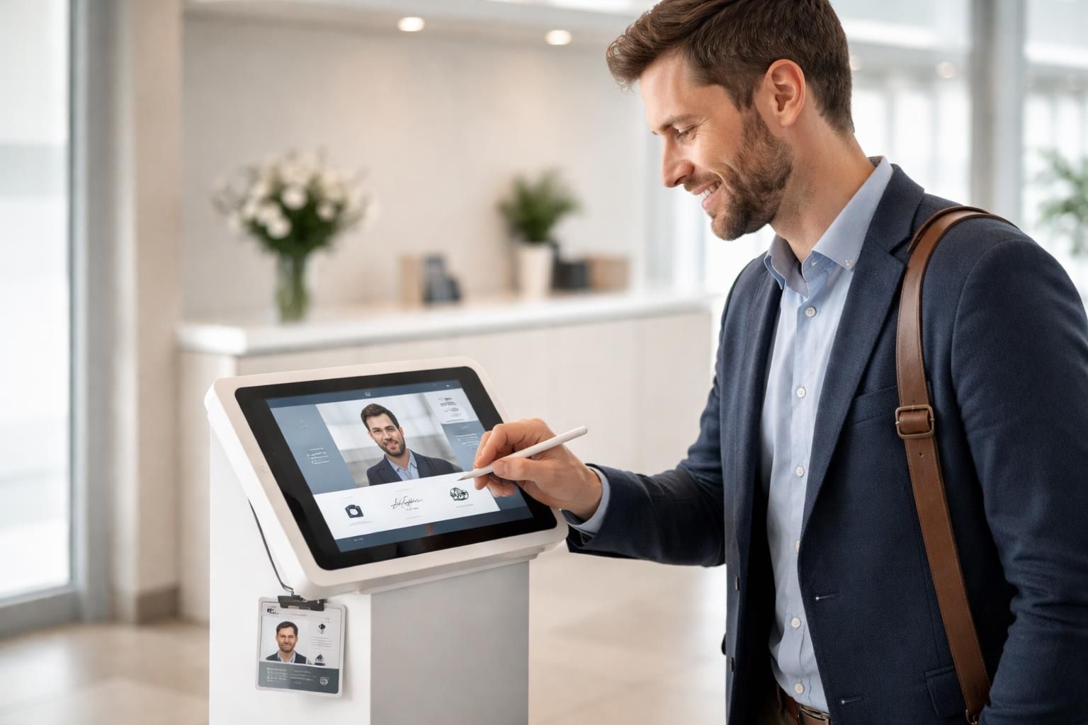 optimisez l'accueil avec notre solution ipad en borne visiteurs, intégrant la signature, la photo et l'impression de badge pour une réception fluide et professionnelle.