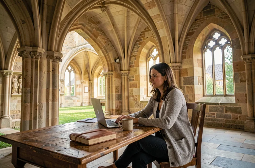 Femme en télétravail dans l'abbaye du Valasse à Gruchet-le-Valasse, espace de coworking historique en pierres gothiques