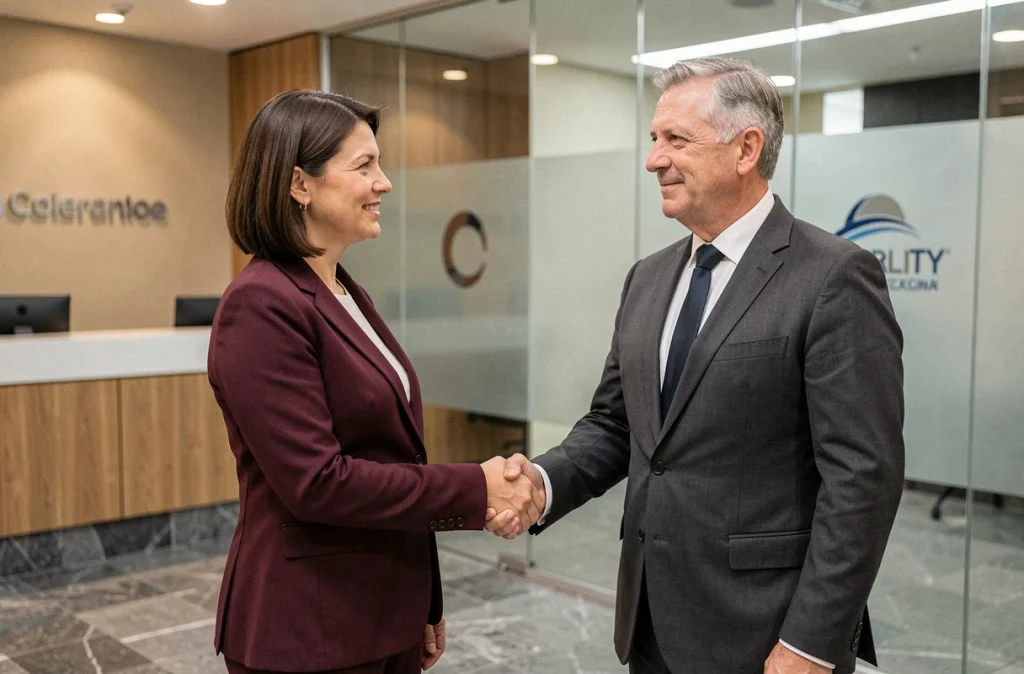 Poignée de main entre une directrice de services et un fournisseur dans le hall d'une entreprise lors de la conclusion d'un accord commercial