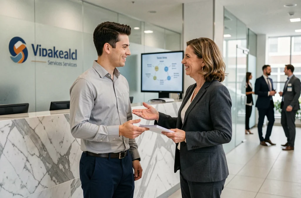Manager accueillant un nouveau collaborateur dans le hall d'une entreprise de services avec un document d'intégration