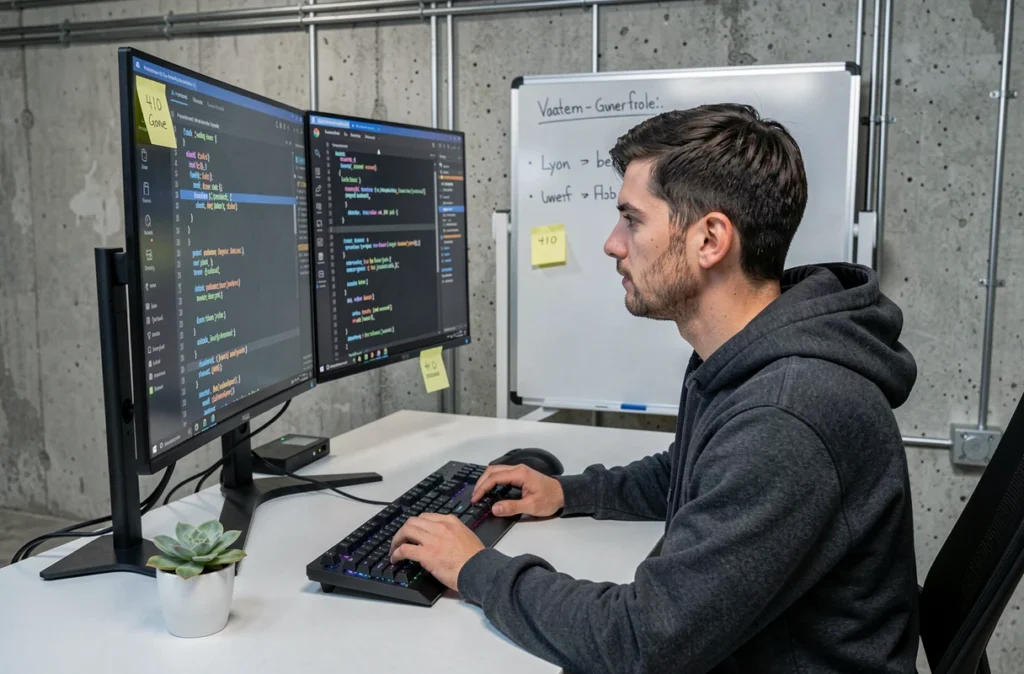 Développeur web de l'agence 410 Gone à Lyon concentré sur du code back-end sur deux écrans