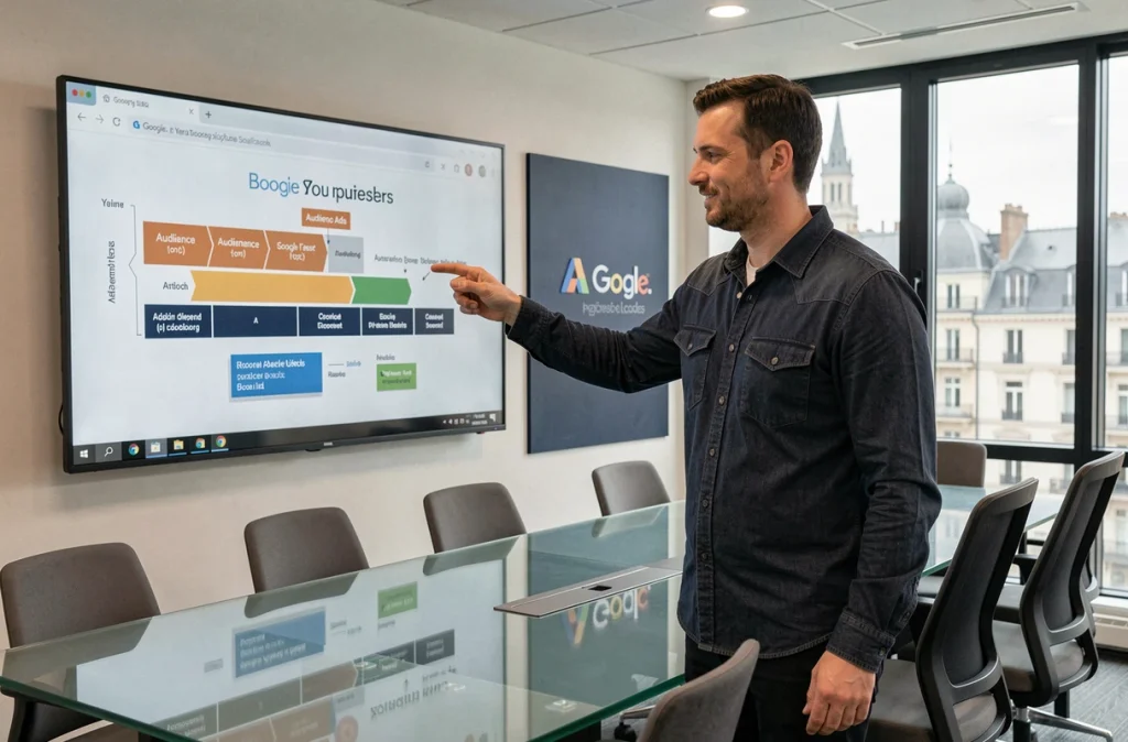 Expert de l'agence AdsBack présentant une stratégie de retargeting Google Ads dans une salle de conférence