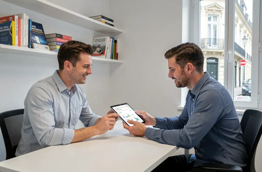 Deux consultants de l'agence Deux.io analysant les performances d'un compte Google Ads sur tablette