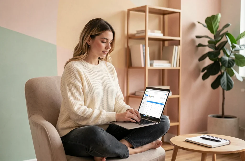 Stratège de l'agence Eliette travaillant sur une campagne Google Ads Search dans un espace de travail lumineux
