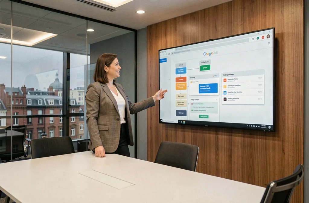 Experte de l'agence Le Mage du SEA présentant une stratégie Google Ads dans une salle de réunion moderne