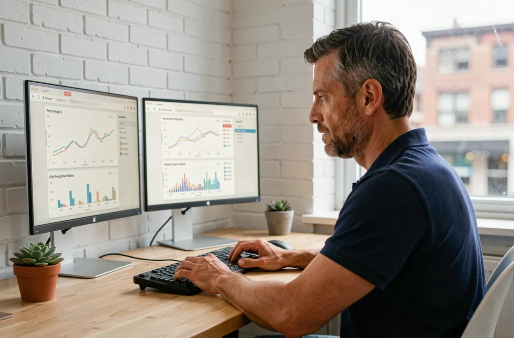 Consultant de l'agence Natural Net analysant des campagnes Google Ads sur deux écrans dans un bureau épuré