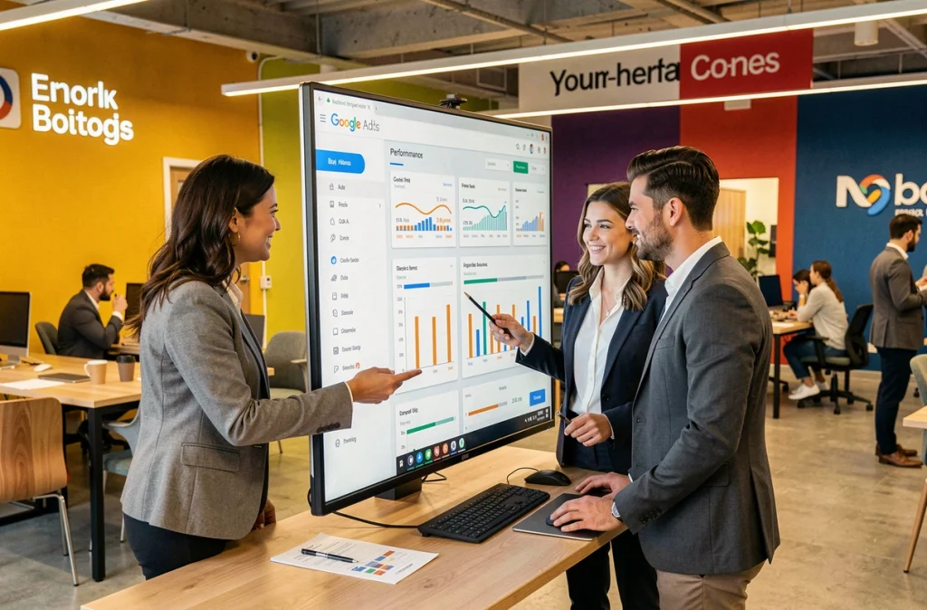 Équipe de l'agence Noiise passant en revue les performances d'une campagne Google Ads dans un bureau en open space