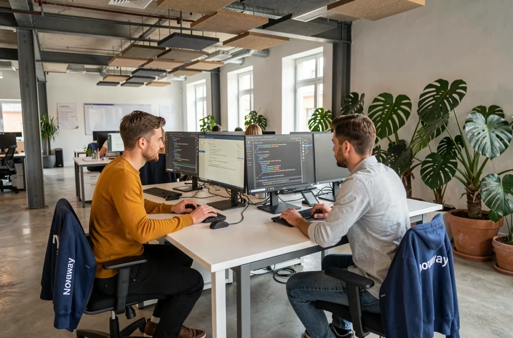 Développeurs de l'agence Novaway à Lyon collaborant sur une application web complexe en open space