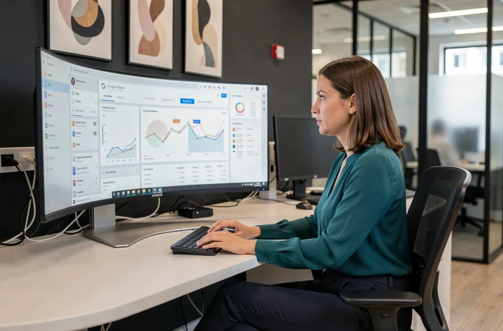 Experte de l'agence Qlint supervisant un système d'automatisation Google Ads dans un bureau technologique