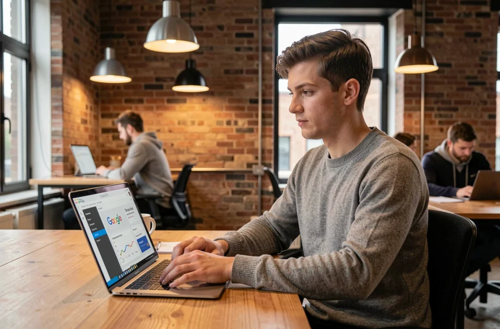 Spécialiste de l'agence Rerow travaillant sur une campagne Google Ads dans un espace de coworking moderne