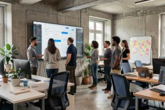 Équipe d'une agence web en Seine-Saint-Denis travaillant ensemble autour d'écrans affichant des maquettes de sites internet