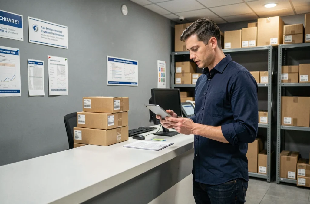 Agent logistique DB Schenker consultant des informations sur une tablette dans un bureau d'expédition de colis