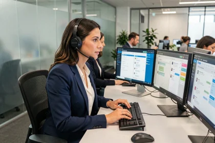 Agente de service client multicanal portant un casque téléphonique dans un centre de contact moderne avec plusieurs écrans affichant des interfaces de chat et CRM