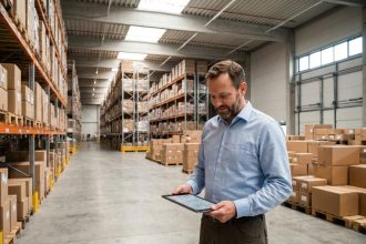 Responsable logistique consultant un plan d'aménagement dans un entrepôt moderne près de Bordeaux