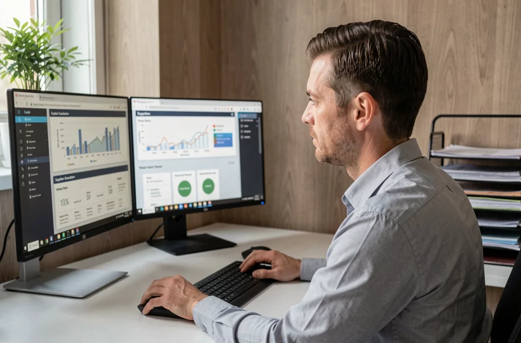 Responsable achats analysant les performances fournisseurs sur un tableau de bord numérique dans un bureau d'entreprise de services