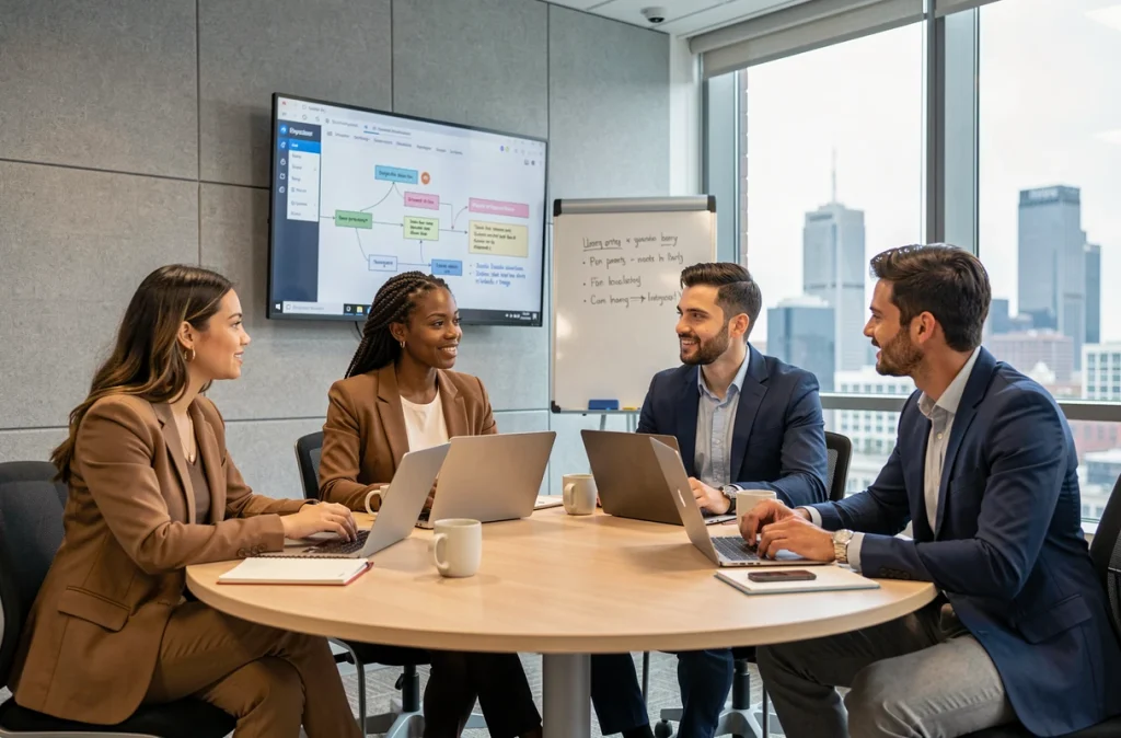 Atelier d'intégration en groupe pour nouveaux collaborateurs dans une salle de formation d'une entreprise de services