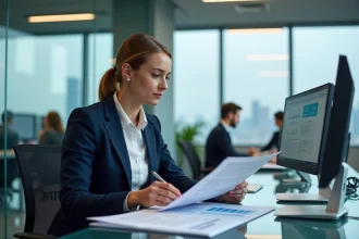 Auditrice senior travaillant dans un bureau moderne d'un Big 4 en 2026, analysant des documents financiers devant un écran