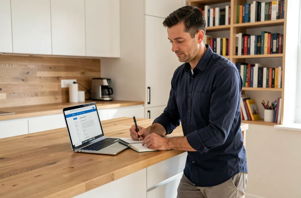 Auto-entrepreneur travaillant depuis son domicile, prenant des notes pour comparer les statuts juridiques freelance en France