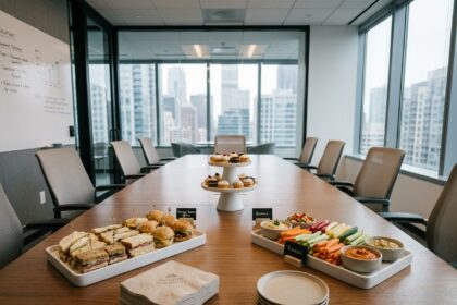 Table de réunion d'entreprise avec buffet traiteur professionnel composé de sandwiches, viennoiseries et crudités dans une salle de conférence moderne