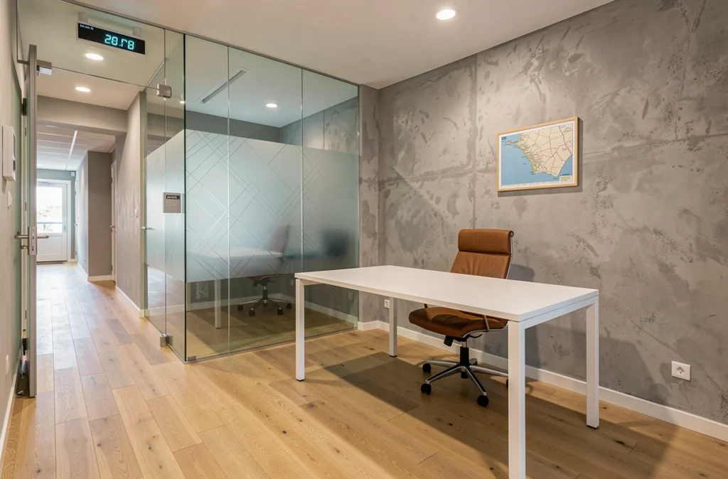 Bureau privé vide à louer dans un centre d'affaires à Ajaccio avec paroi vitrée et affichage de prix