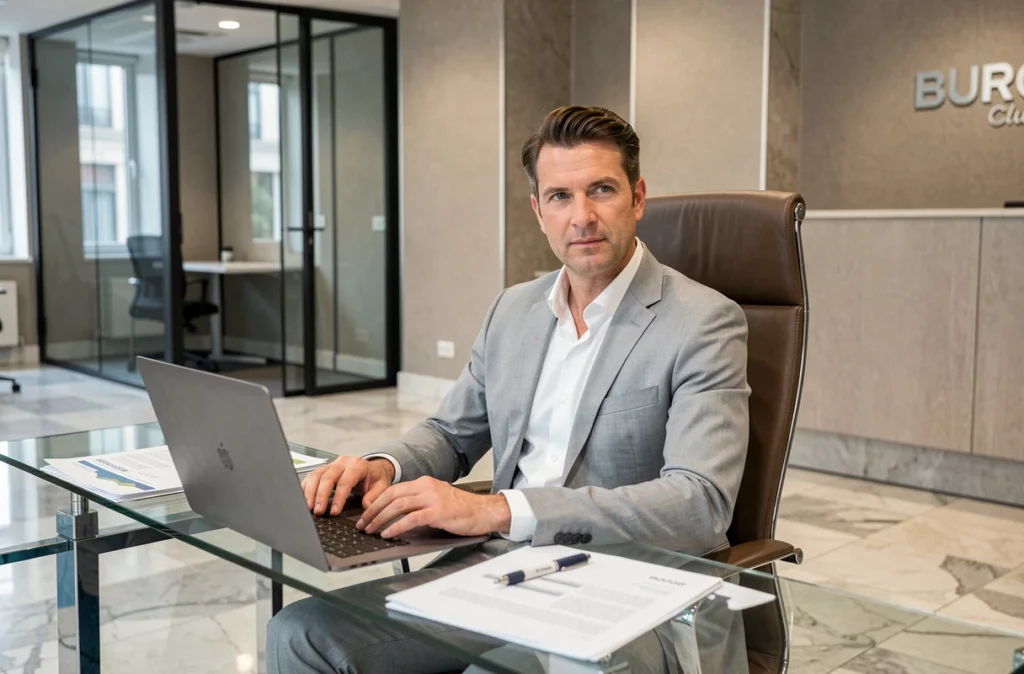 Homme d'affaires au travail dans l'espace BURO Club à Rouen, environnement coworking professionnel et feutré