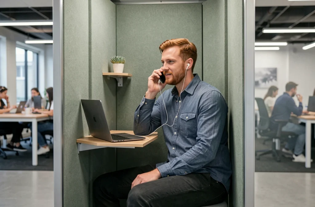 Homme en appel téléphonique dans une cabine acoustique privée d'un coworking à Perpignan