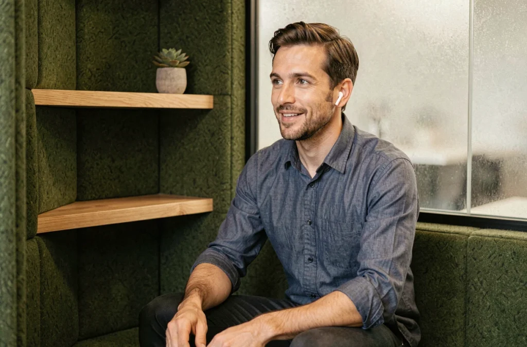Homme en visioconférence dans une cabine acoustique feutrée d'un espace de coworking haut de gamme au design soigné