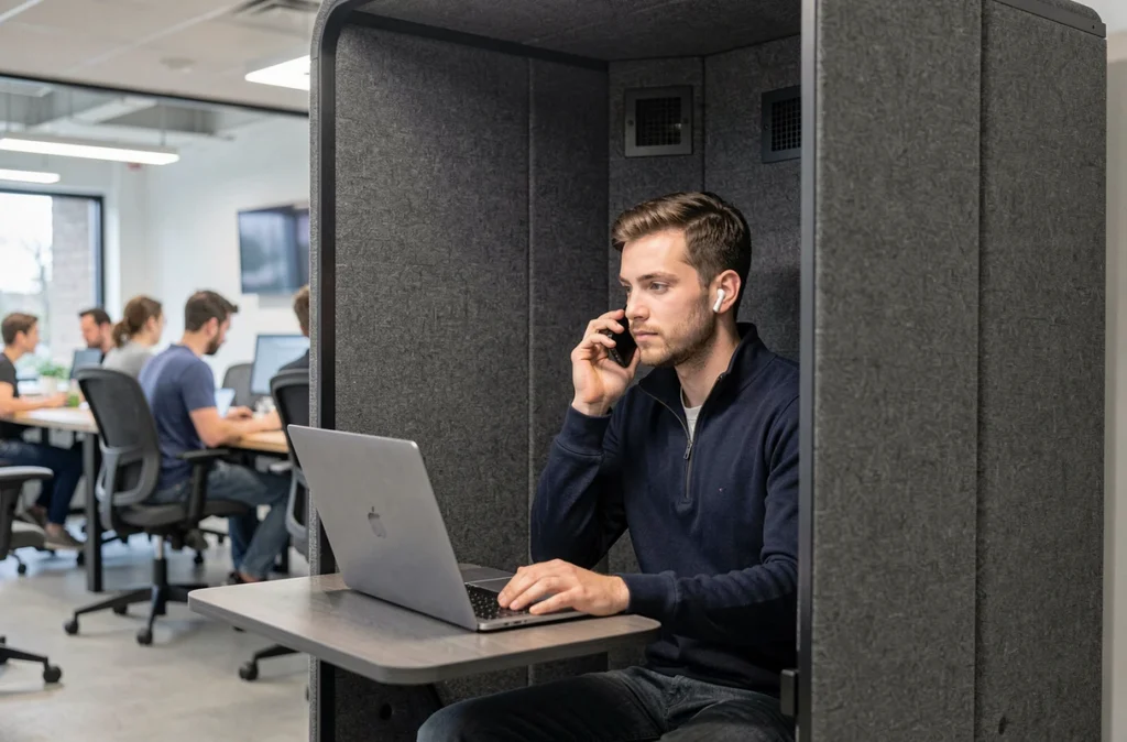 Homme en cabine téléphonique insonorisée dans un espace de coworking à Vertou pour une réunion en ligne