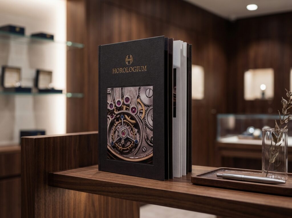 Catalogue d'horlogerie haut de gamme à couverture embossée posé sur une étagère en noyer dans une boutique de montres de luxe