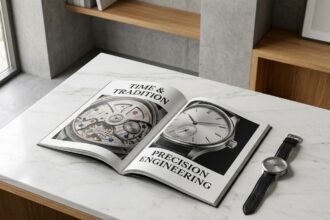 Catalogue papier haut de gamme ouvert sur un bureau en marbre blanc avec une montre mécanique de luxe posée à côté, dans un studio design minimaliste