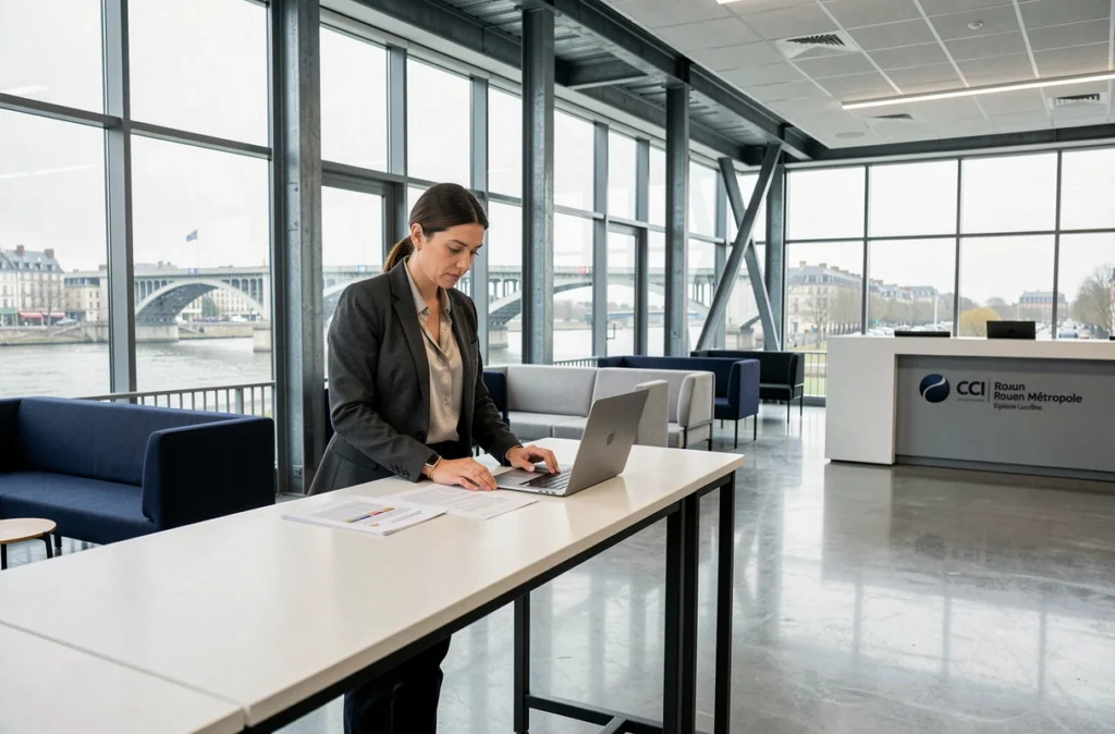 Femme professionnelle dans l'Espace Luciline de la CCI Rouen Métropole avec vue sur la Seine, coworking institutionnel moderne