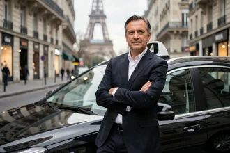 Chauffeur de taxi parisien appuyé contre sa Mercedes noire sur un boulevard haussmannien avec la Tour Eiffel en arrière-plan