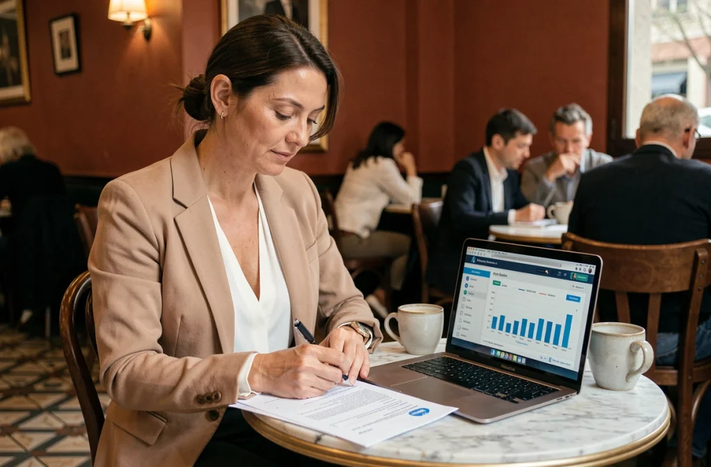 Cheffe d'entreprise indépendante analysant ses données digitales dans un café parisien pour piloter sa présence en ligne sans équipe dédiée