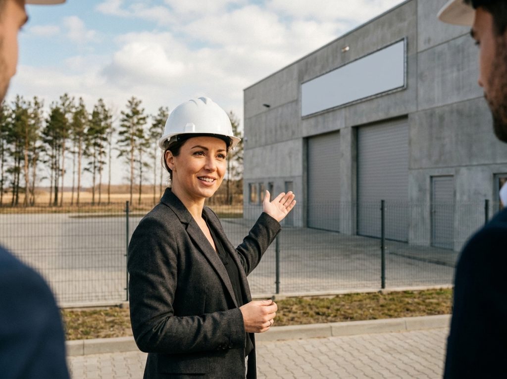 Cheffe de projet immobilier devant un entrepôt nouvellement construit en périphérie de Bordeaux