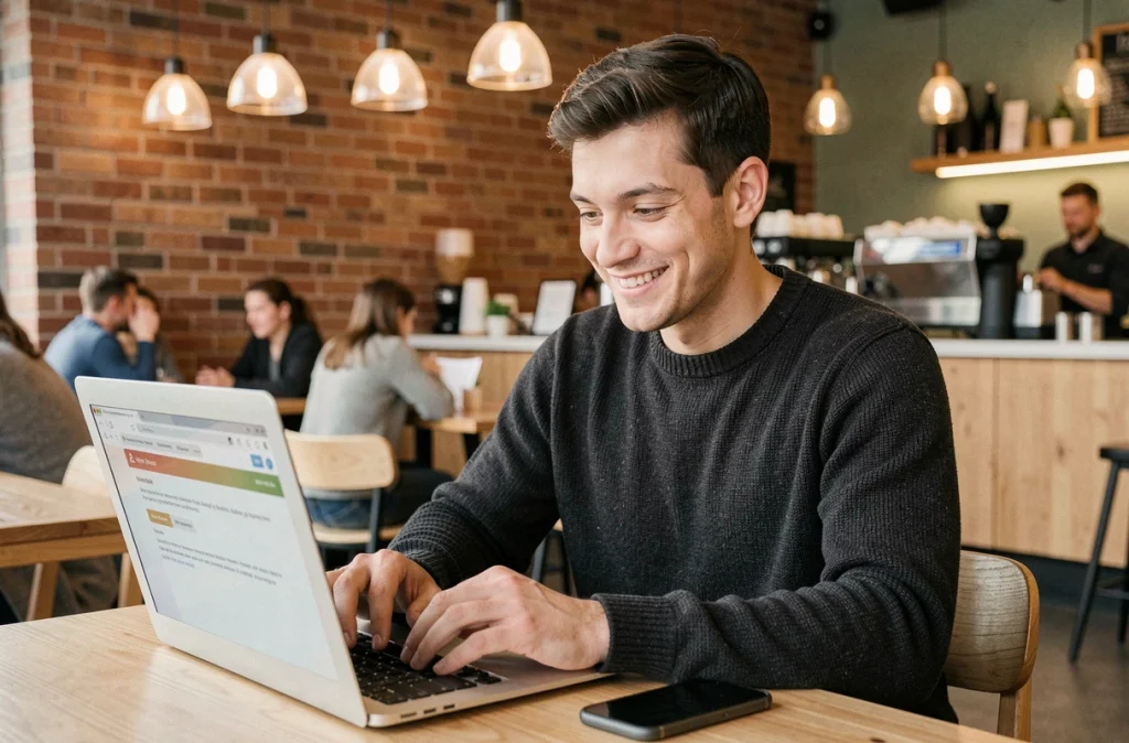 Client satisfait consultant un email de suivi du service après-vente sur son ordinateur dans un café, représentant la fidélisation et l'expérience client positive