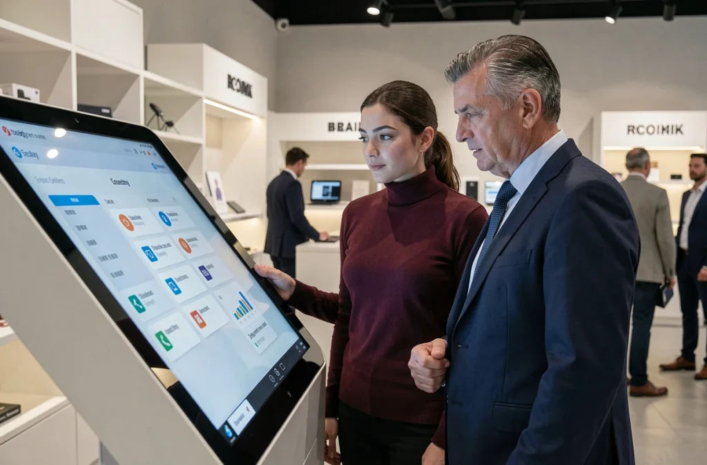 Deux clients interagissant avec une borne numérique interactive dans un espace commercial moderne