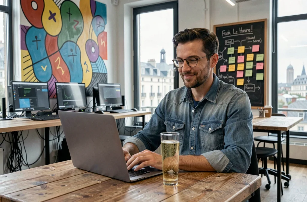 Professionnel travaillant au Cocktail Numérique au Havre dans un espace de coworking créatif et connecté
