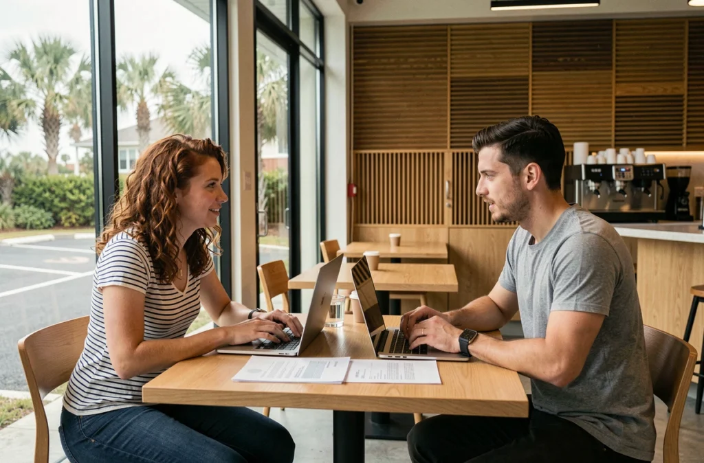 Deux professionnels collaborant dans un espace de coworking lumineux à Lacanau avec vue sur la végétation côtière atlantique