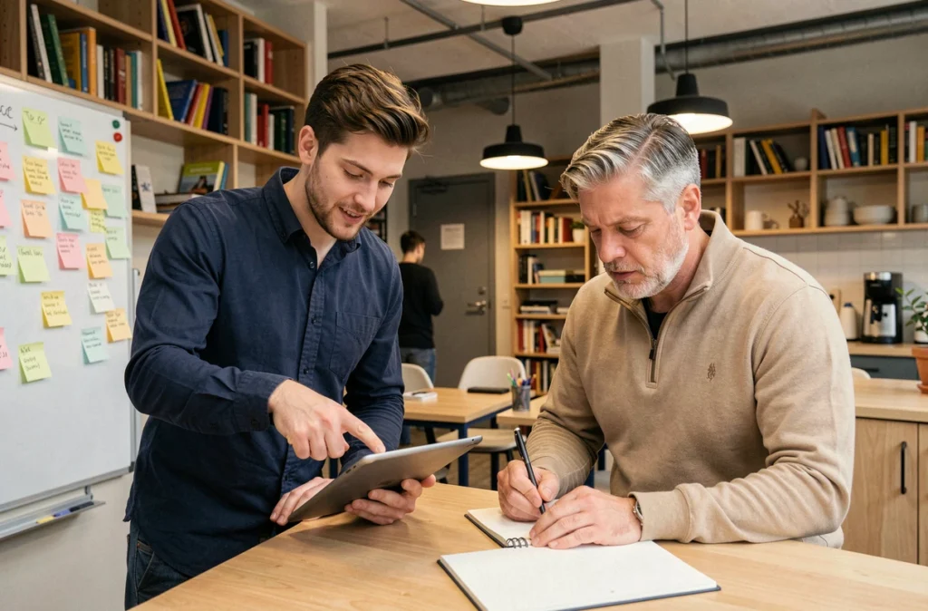 Deux professionnels en réunion informelle dans un espace de coworking à Perpignan avec tablette et prise de notes