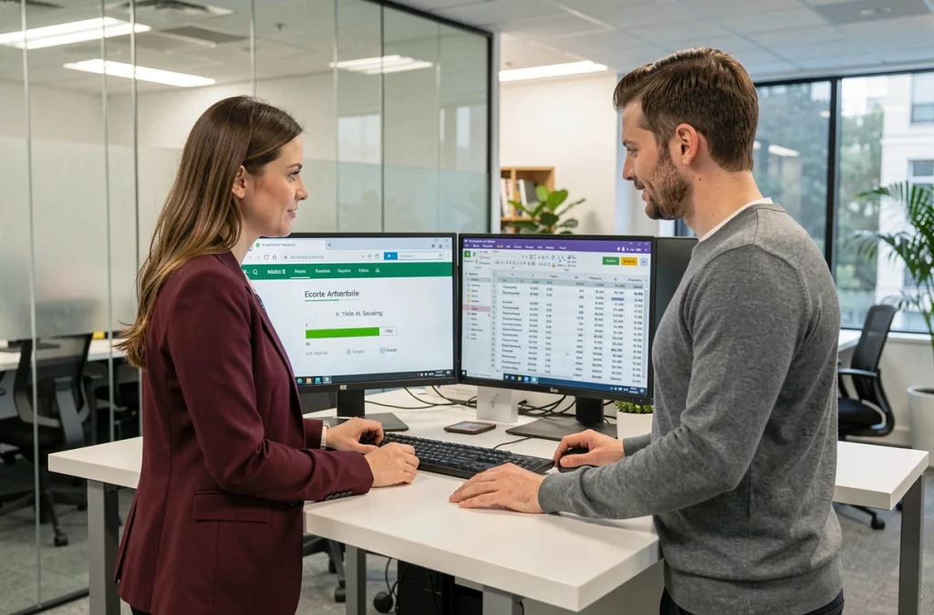 Deux professionnels RH collaborant pour sécuriser et migrer des bulletins de paie vers une plateforme d'archivage numérique en entreprise