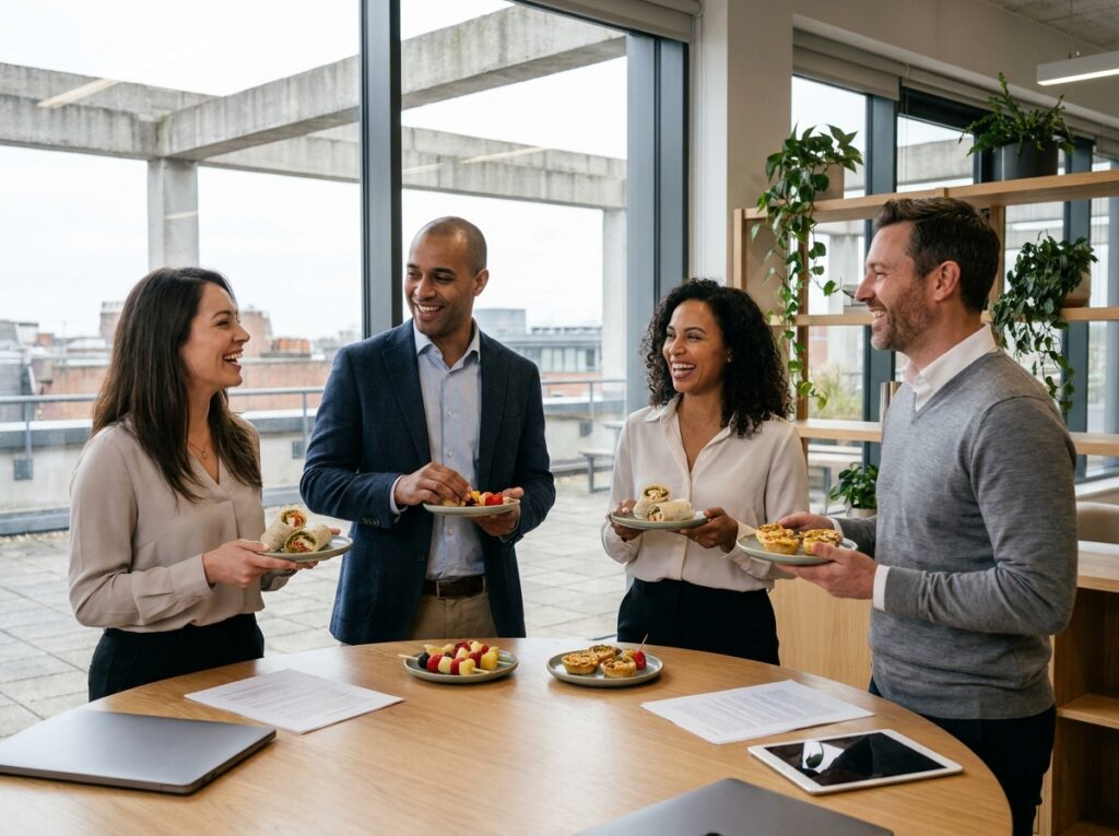 Groupe de collègues en réunion professionnelle partageant un repas traiteur autour d'une table dans un espace de travail moderne et lumineux