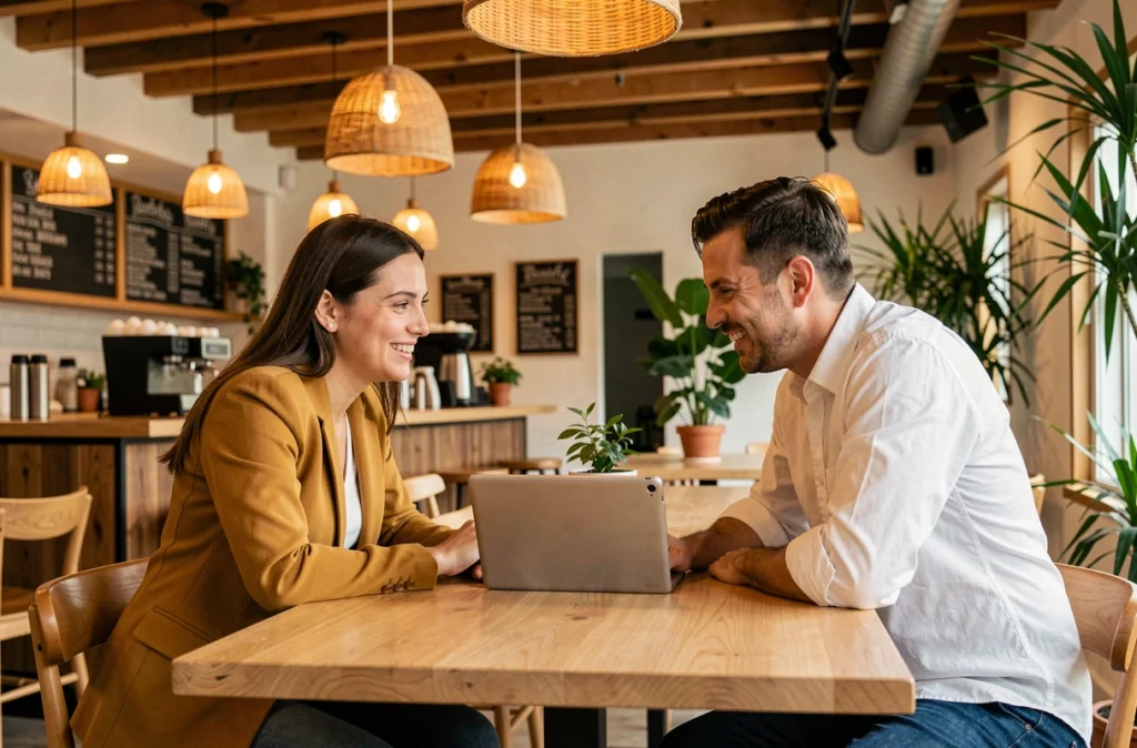 Deux collègues en réunion informelle dans un espace coworking de Vertou avec mobilier moderne et plantes vertes