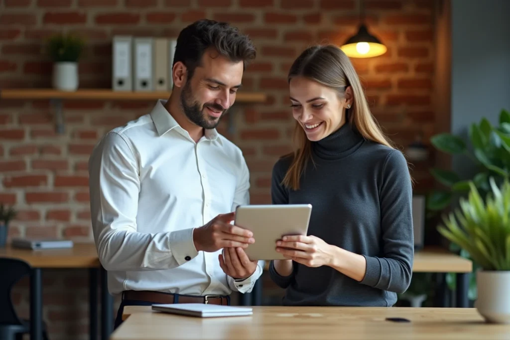 Deux collègues consultant les avis clients d'un service professionnel en ligne dans un espace de coworking