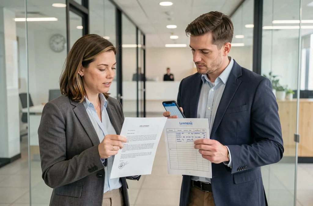 Deux collègues dans un couloir de bureau examinant un contrat de travail et un relevé d'heures pour vérifier la conformité légale des 67 heures mensuelles