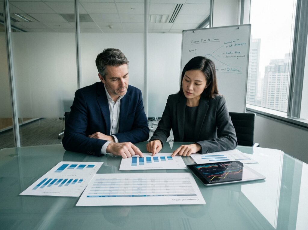 Réunion professionnelle entre un freelance et un conseiller en portage salarial comparant des tableaux de charges et de revenus nets