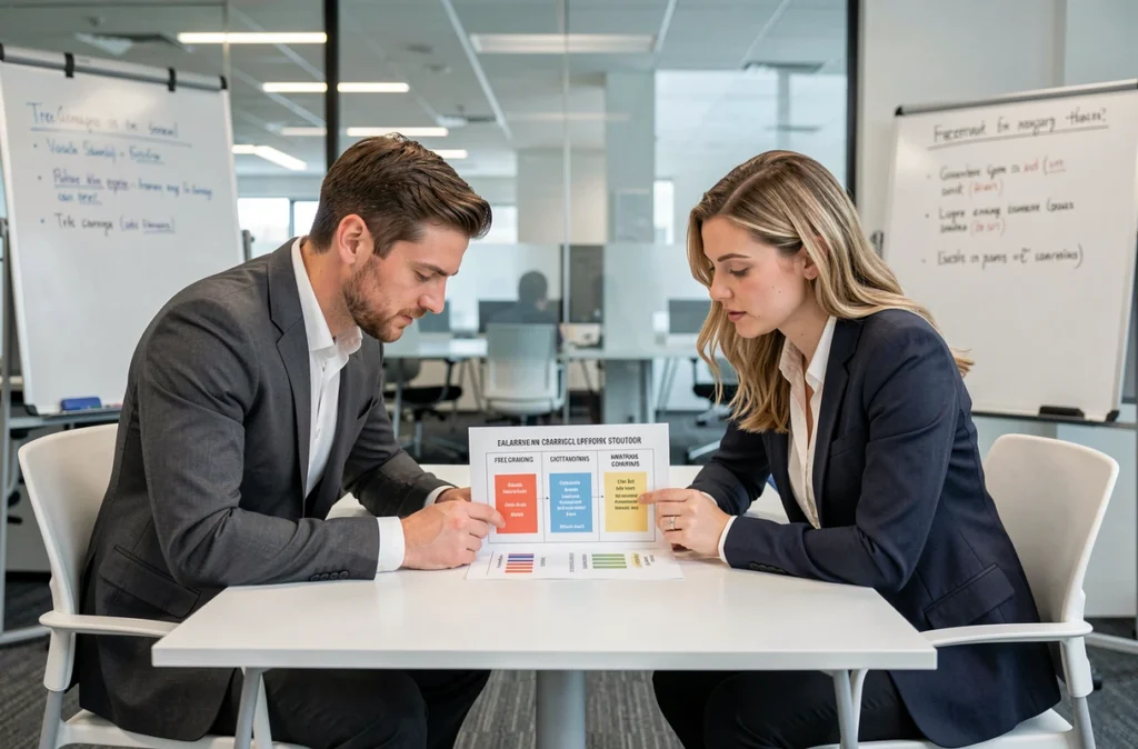 Deux professionnels comparant les statuts portage salarial et auto-entrepreneur lors d'une réunion en entreprise