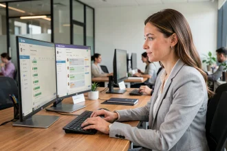 Professionnelle connectant un live chat à son CRM sur deux écrans dans un bureau moderne
