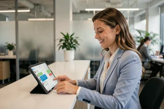 Conseillère client en blazer bleu interagissant avec une tablette numérique dans un bureau moderne